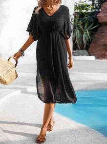 Breezaya Damen Fledermausärmeln Kleid Mit Pompons Dekoration