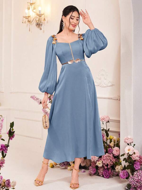 Modelyn Stitching Woven Tape Lantern Sleeves Empire Waist Dress Long Evening Dresses