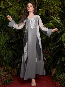 Al Najma 對比條紋與蕾絲拼接連衣裙 - 彩色 - 查看 5