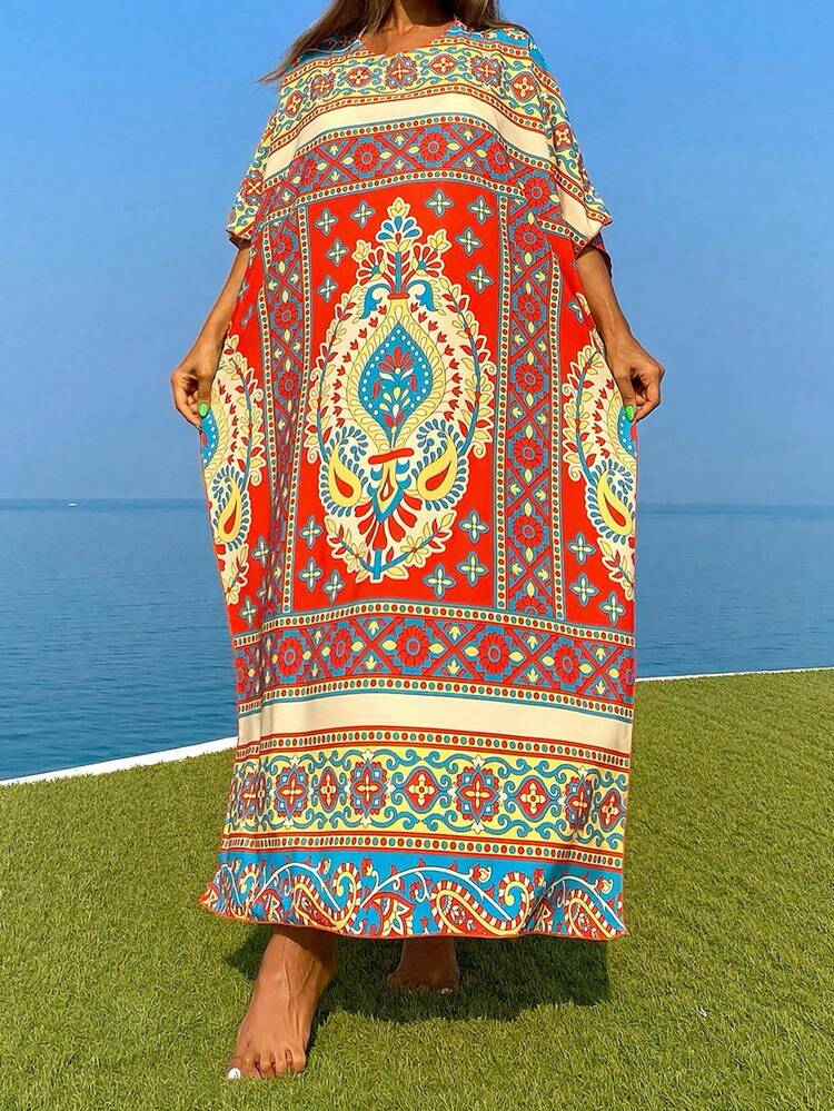 Summer Women's Loose Fit Patchwork Printed Cover Up