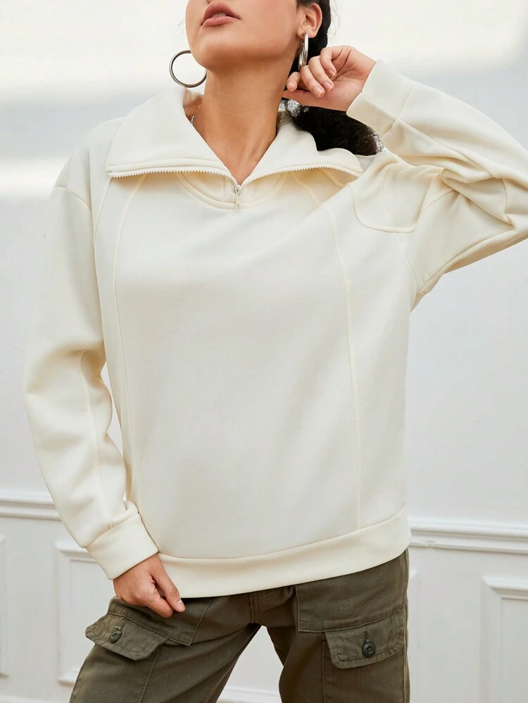 Women's Half Zipper Sweatshirt With Dropped Shoulder Sleeves