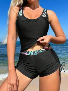 SHEIN Swim 夏季海灘熱帶植物印花無袖坦克泳衣上衣和束腰游泳褲坦克泳衣套裝 - 黑色 - 查看 1