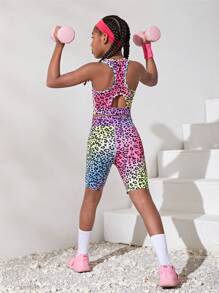 SHEIN 少女針織彩色豹紋背心和短褲運動套裝 - 彩色 - 查看 6