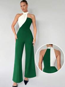 Maija Sleeveless Colorblock Stand Collar Jumpsuit For Women - Dark Green - View 4