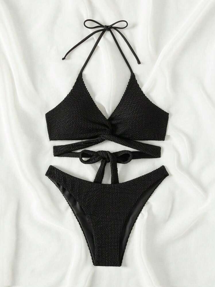 SHEIN Swim Thiết kế dây đeo hai mảnh Bộ bikini đi biển mùa hè - màu đen - Xem 5