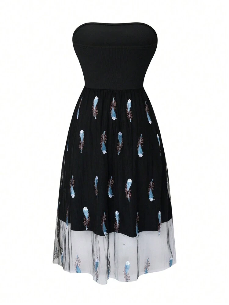 Plus Size Solid Color Mesh Spliced Strapless Dress