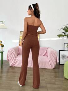 SHEIN EZwear Women's Drawstring Detail Asymmetric Hem Strapless Top And Pants Set - Brown - View 2