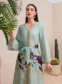 Al Najma Patchwork Dress With Geometric Printed Ribbons Kaftan Jalabiya Dress - Mint Green - View 3
