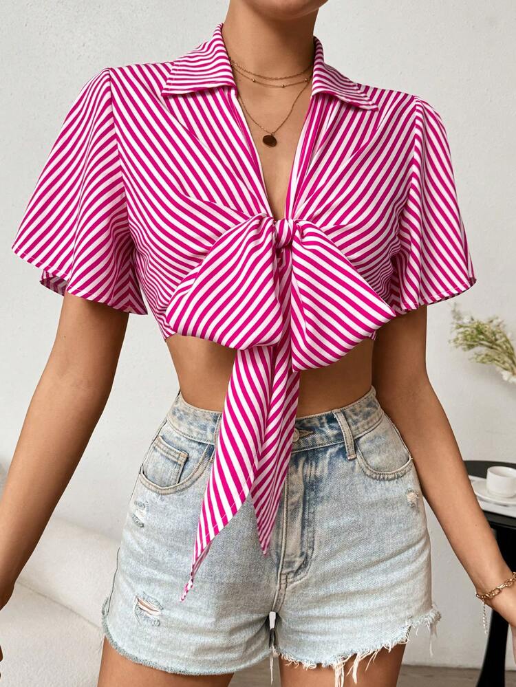 Women's Striped Ruffled Short Sleeve Blouse