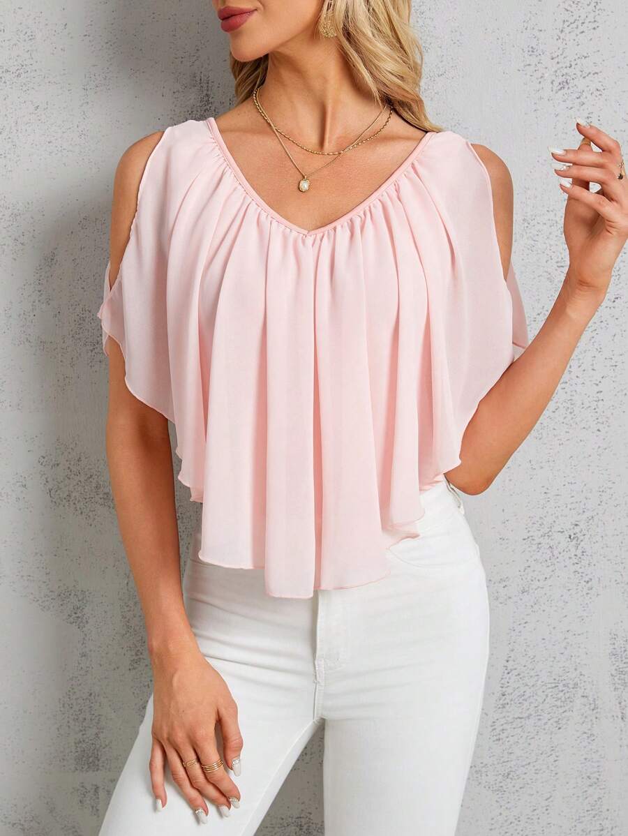 SHEIN Clasi Camiseta De Hombro Frío Y Plisado De Color Solido Para Mujeres - Rosa - Ver 1