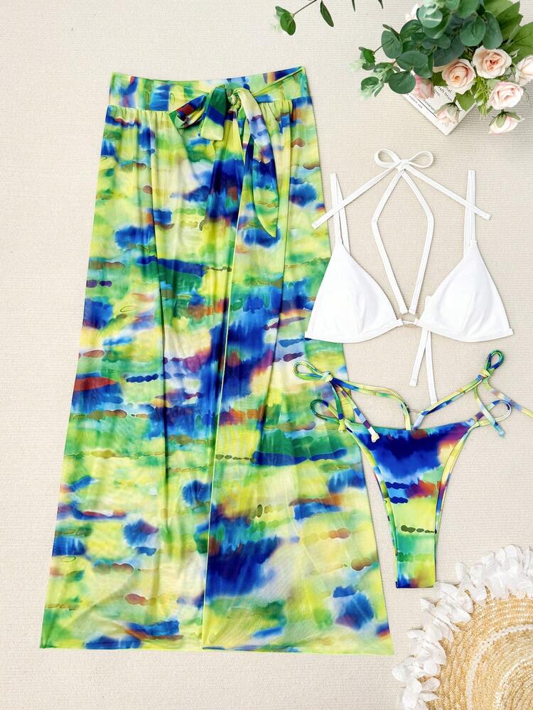 Sexy Hollow Out Bikini Set With Tie-Dye Printed Skirt, Two-Piece Bikini Set With Separate Sarong Swimwear, 3pcs/Set Summer Beach