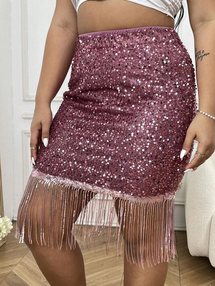Franclia 大尺碼女裝亮片流蘇下擺半身裙 - 紫色 - 查看 5
