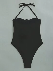 SHEIN Swim Summer Beach Ladies' One-Piece Swimsuit With 3d Floral Detail And Halter Strap - Black - View 2