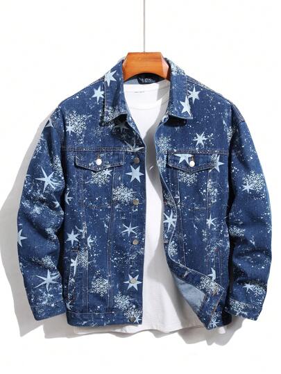 Manfinity Homme Men's Snowflake Star Pattern Printed Fashionable Denim Jacket