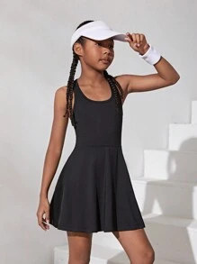 SHEIN Leap Crew Vestido Activo Con Espalda Con Diseño Recortado En Color Liso Para Niña Tween - Negro - Ver 1