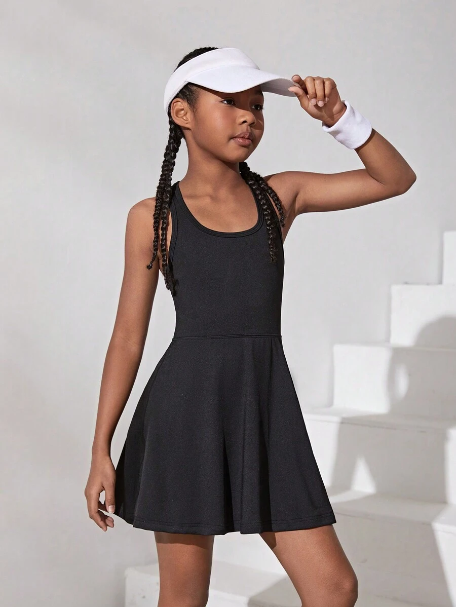 SHEIN Leap Crew Vestido Activo Con Espalda Con Diseño Recortado En Color Liso Para Niña Tween - Negro - Ver 1
