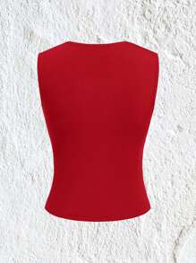 SHEIN EZwear Solid Color Knitted Ruffled Slim Fit Tank Top - Red - View 2