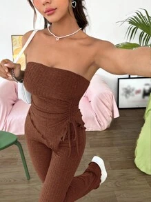 SHEIN EZwear Women's Drawstring Detail Asymmetric Hem Strapless Top And Pants Set - Brown - View 7