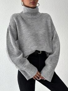 EURMUSE 高領落肩袖套頭毛衣 - 灰色 - 查看 1