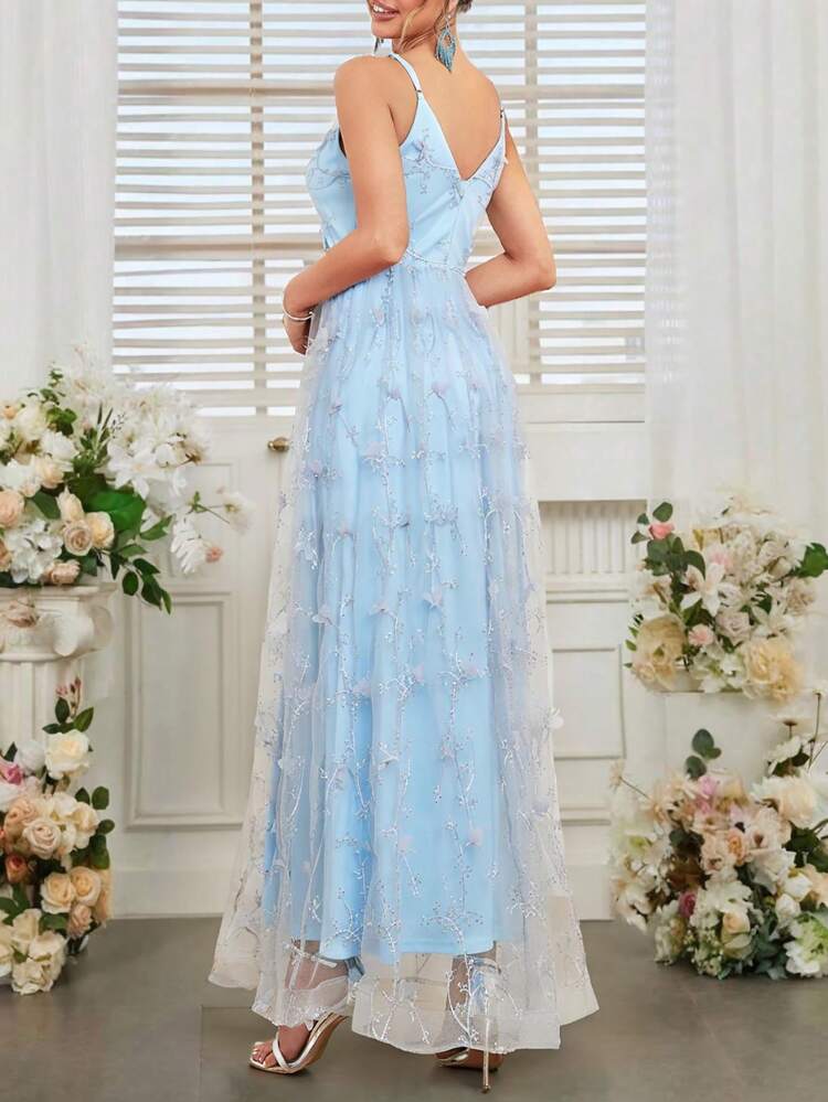 Elegant And Romantic Floral Embroidered Bridesmaid Dress With Spaghetti Straps