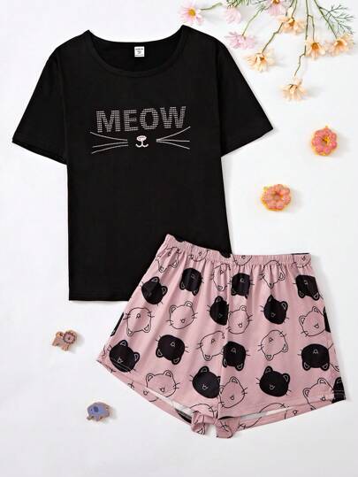青少年女孩基本款黑猫图案印花圆领短袖T恤和短裤套装家居服度假旅行休闲夏装