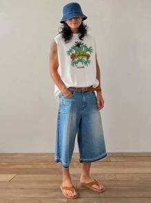 DAZY Men Coconut Tree & Letter Print Summer Tank Top - White - View 6