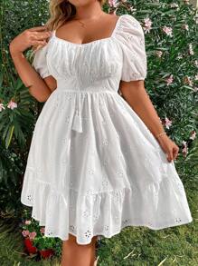 Sunnyshic Plus Size Elegant Pleated Chest Cutout Embroidered Dress Vacation Beach Outfits Women