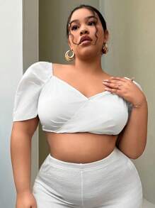 SHEIN SXY Plus Size Women's Short Cross-Front One-Shoulder Vacation Shirt - White - View 3