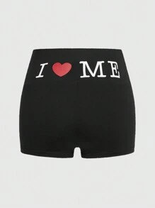 ROMWE Grunge Punk 暗黑龐克愛心印花我愛我個性化標語修身百搭女士打底褲 - 黑色 - 查看 1