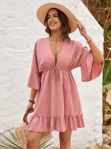 SHEIN VCAY 女士深v領波浪袖洋裝