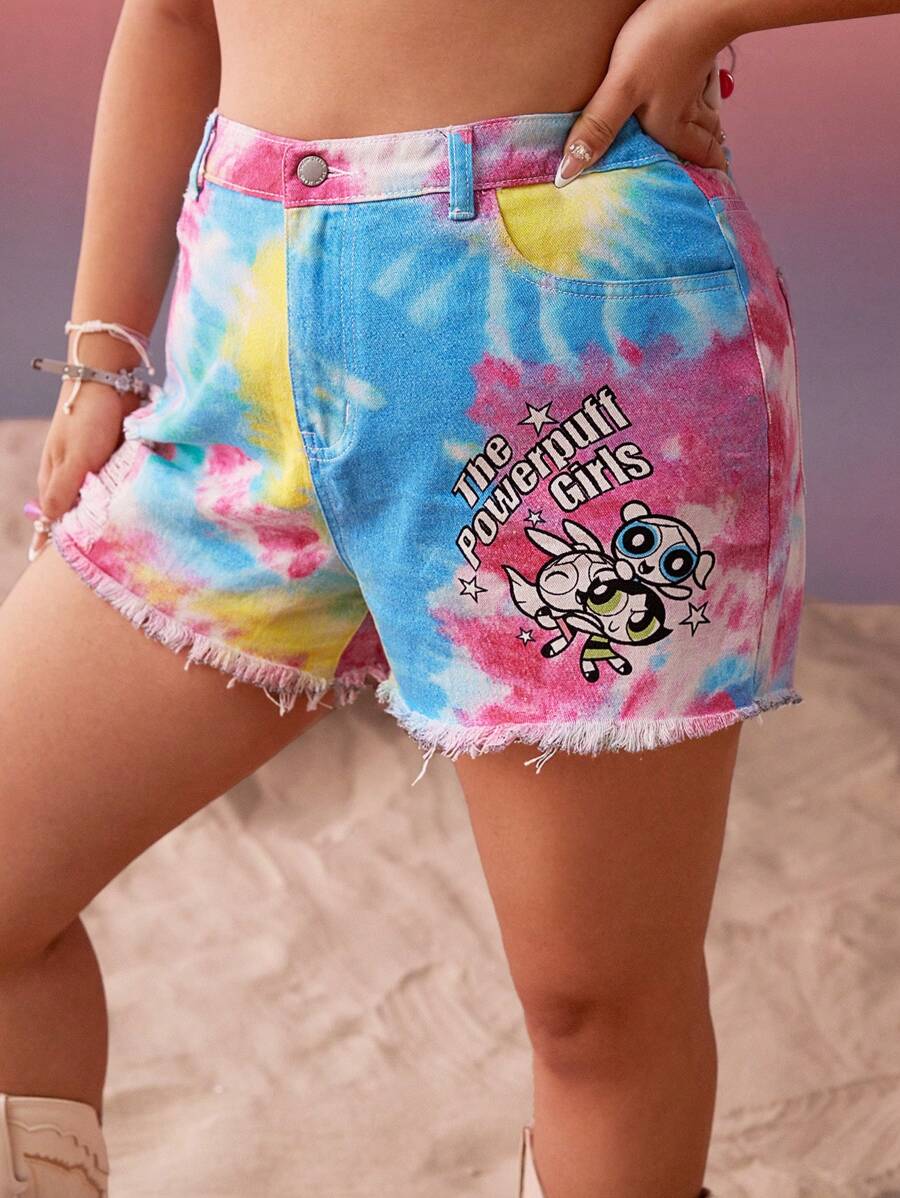 THE POWERPUFF GIRLS X SHEIN 加大碼卡通和扎染印花毛邊牛仔短褲 - 彩色 - 查看 1