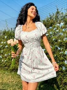 Soleia 花卉印花泡泡袖裙 - 綠色 - 查看 2