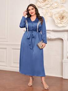 Modelyn Plus Size Color Block Sequin Tassel Decorated Long Sleeve Belted Dress - Blue - View 3