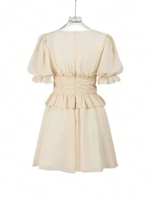 Enchnt 女性泡泡袖腰間壓褶a字裙 - 黃色 - 查看 9