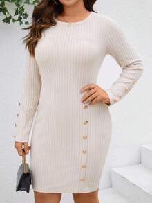 SHEIN Clasi Vestido Ajustado De Canalé De Manga Larga Con Cuello Redondo Para Mujer De Talla Grande - Albaricoque - Ver 3
