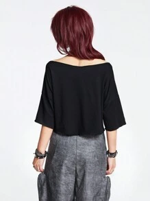 ROMWE Grunge Punk 骷髏頭圖案一字肩T恤 - 黑色 - 查看 6