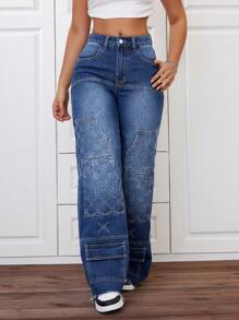 SHEIN EZwear Embroidered Zipper Fly Denim Wide Leg Pants - Medium Wash - View 5
