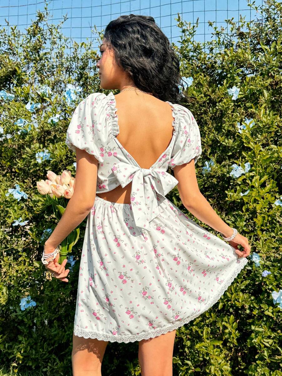 Soleia 花卉印花泡泡袖裙 - 綠色 - 查看 1