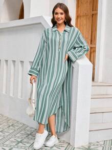 Seusyu Women's Striped Half Button Placket Dress - Green - View 7