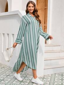 Seusyu Women's Striped Half Button Placket Dress - Green - View 5