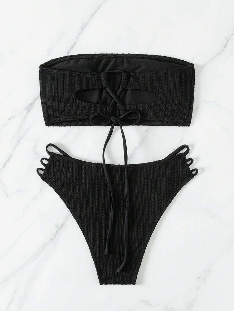 Women's Plain Hollow Out Texture Bikini Set Summer Beach