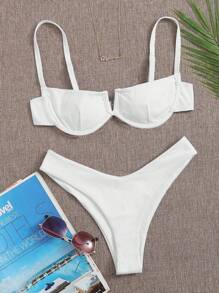 SHEIN Swim Summer Beach Rib Underwire High Cut Bikini Set