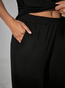 Ocili Leisure Solid Color V-Neck Top & Straight Pants Home Wear Set Holiday Season Outfit - Black - View 7