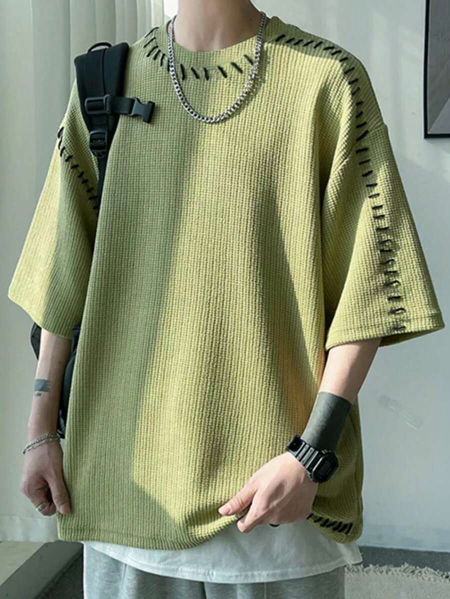 Claim Dot 男士T卹寬鬆圓領垂肩短袖休閒韓國時尚夏季針織上衣 - 綠色 - 查看 1