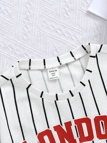 少女條紋字母短袖上衣與短褲套裝,夏季適用 - 白色 - 查看 4