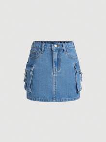 SHEIN Tween Girl Denim Utility Skirt With Pockets - Light Wash - View 1