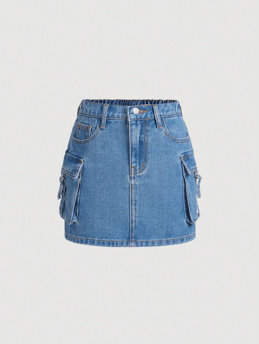 SHEIN Tween Girl Denim Utility Skirt With Pockets - Light Wash - View 1