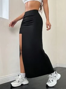 SHEIN EZwear 纯色褶皱开叉裙，女士休闲褶皱，开叉大腿中长紧身自然黑色纯色女式裙子，春季/秋季，休闲日常穿着 - 黑色 - 查看 3