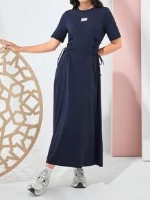 Seusyu Women's Solid Color Simple Style Waist-Cinched Dress - Navy Blue - View 3