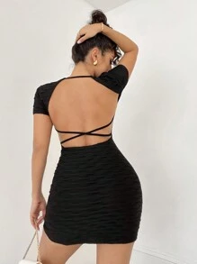 SHEIN BAE Robe Moulante En Tricot Dos Nu Unie Avec Bretelles Décoratives, Parfaite Pour Le Style De Rue Quotidien De Printemps/été Et Les Performances De Festival